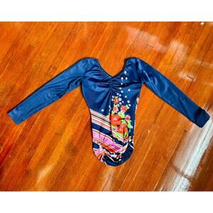 Vintage 80’s Long Sleeve Navy Blue Pink Floral Body Suit Jazzercise Leotard XS S